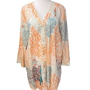 Soft Surroundings Ocean sealife button up Coral Cami Lined Tunic Shirt dress L